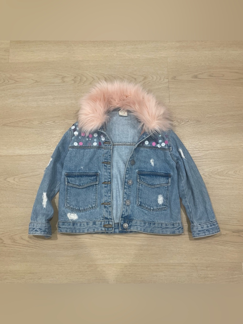 Zara Light Blue Denim Jacket with Pink Faux Fur Collar and Sequin Accents